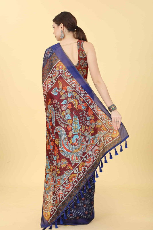 Blue Cotton Blend Printed Bandhani Saree with Unstitched Blouse - Hiral Fashion - Distacart