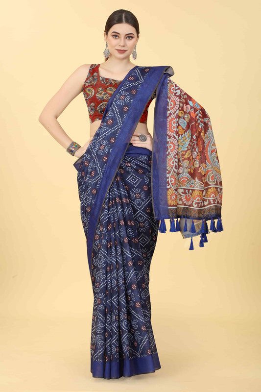 Blue Cotton Blend Printed Bandhani Saree with Unstitched Blouse - Hiral Fashion - Distacart