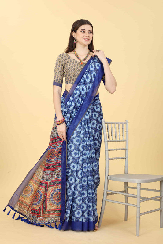 Blue Cotton Blend Printed Geomatric Saree with Unstitched Blouse - Hiral Fashion - Distacart