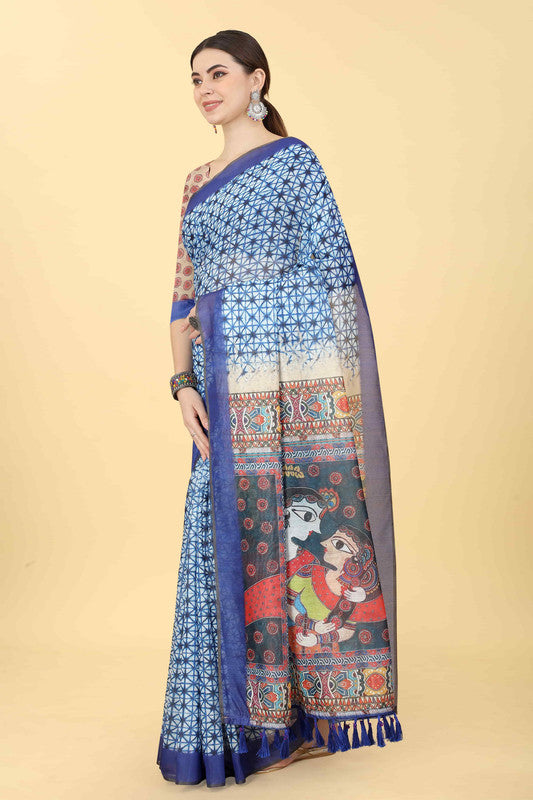 Blue Cotton Blend Printed Geomatric Saree with Unstitched Blouse - Hiral Fashion - Distacart