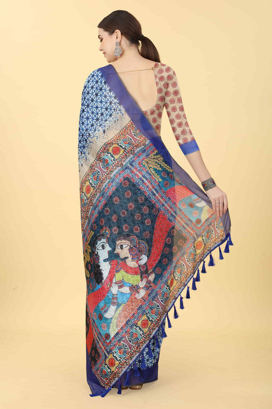 Blue Cotton Blend Printed Geomatric Saree with Unstitched Blouse - Hiral Fashion - Distacart