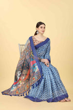Thumbnail for Blue Cotton Blend Printed Geomatric Saree with Unstitched Blouse - Hiral Fashion - Distacart