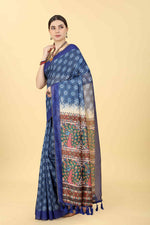 Thumbnail for Blue Cotton Blend Printed Geomatric Saree with Unstitched Blouse - Hiral Fashion - Distacart