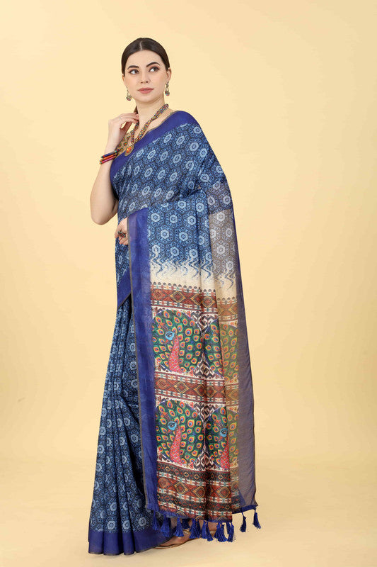 Blue Cotton Blend Printed Geomatric Saree with Unstitched Blouse - Hiral Fashion - Distacart