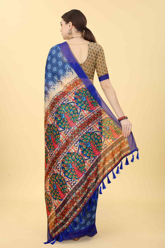 Blue Cotton Blend Printed Geomatric Saree with Unstitched Blouse - Hiral Fashion - Distacart