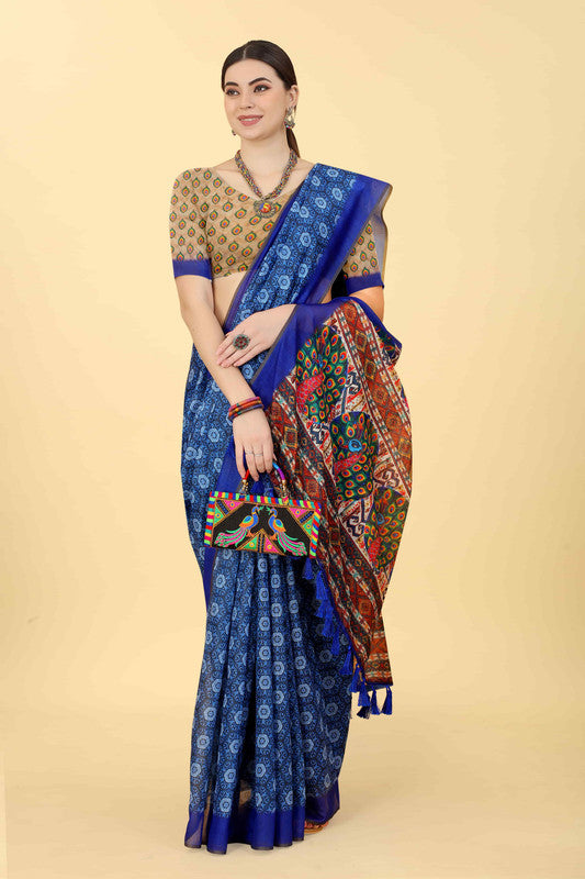 Blue Cotton Blend Printed Geomatric Saree with Unstitched Blouse - Hiral Fashion - Distacart