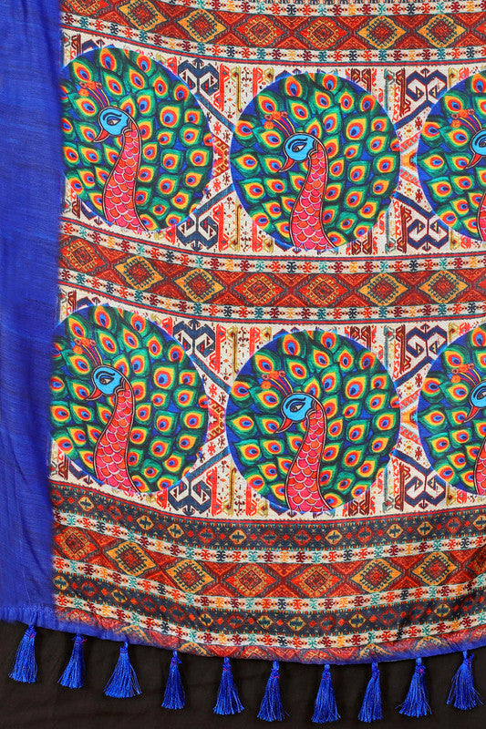 Blue Cotton Blend Printed Geomatric Saree with Unstitched Blouse - Hiral Fashion - Distacart