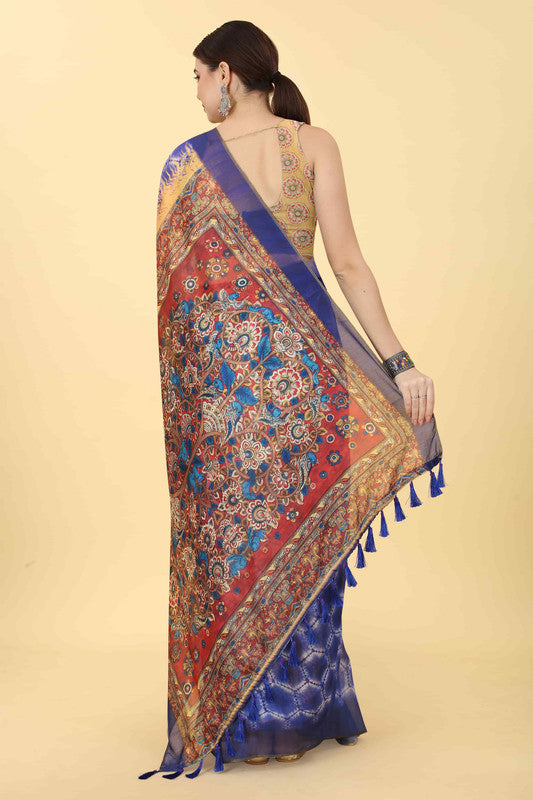 Blue Cotton Blend Printed Abstract Saree with Unstitched Blouse - Hiral Fashion - Distacart