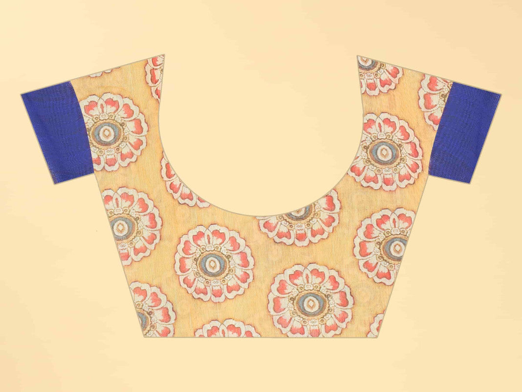 Blue Cotton Blend Printed Abstract Saree with Unstitched Blouse - Hiral Fashion - Distacart