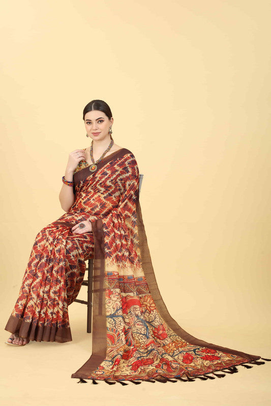 Blue Cotton Blend Printed Abstract Saree with Unstitched Blouse - Hiral Fashion - Distacart