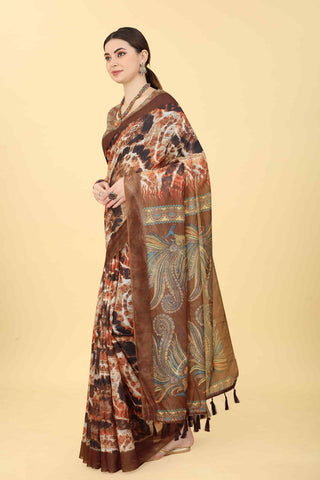 Blue Cotton Blend Printed Kalamkari Saree with Unstitched Blouse - Hiral Fashion - Distacart