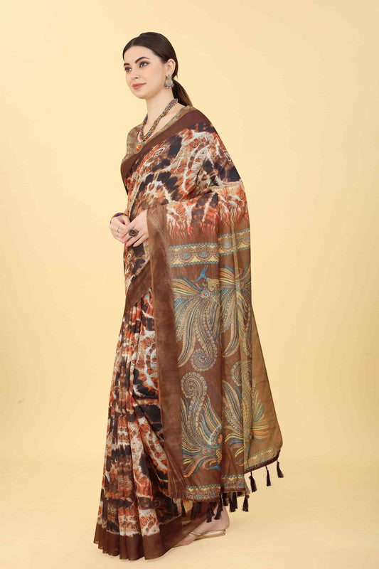 Blue Cotton Blend Printed Kalamkari Saree with Unstitched Blouse - Hiral Fashion - Distacart