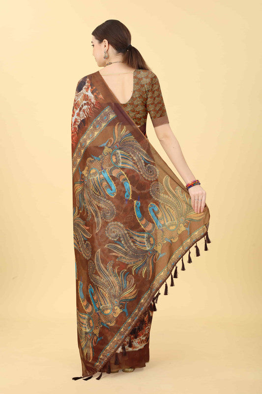 Blue Cotton Blend Printed Kalamkari Saree with Unstitched Blouse - Hiral Fashion - Distacart