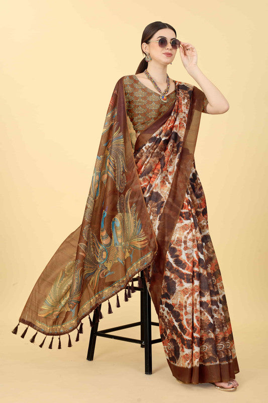 Blue Cotton Blend Printed Kalamkari Saree with Unstitched Blouse - Hiral Fashion - Distacart