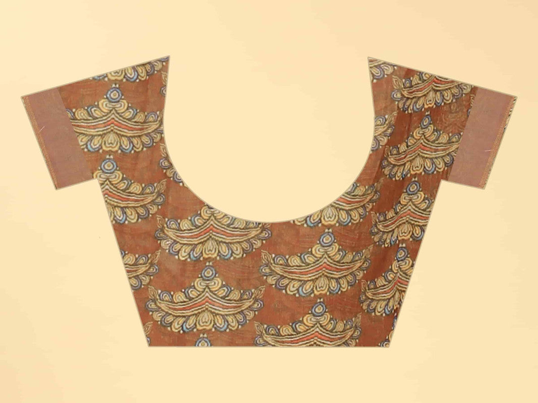 Blue Cotton Blend Printed Kalamkari Saree with Unstitched Blouse - Hiral Fashion - Distacart