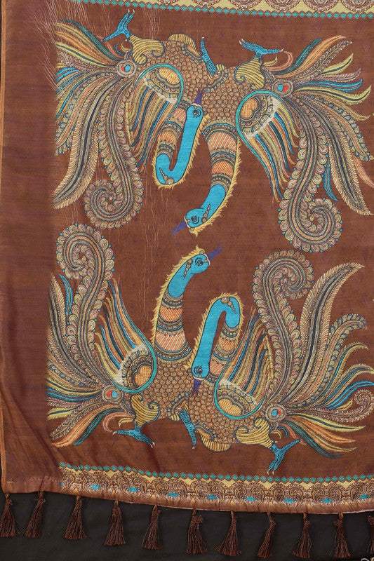 Blue Cotton Blend Printed Kalamkari Saree with Unstitched Blouse - Hiral Fashion - Distacart