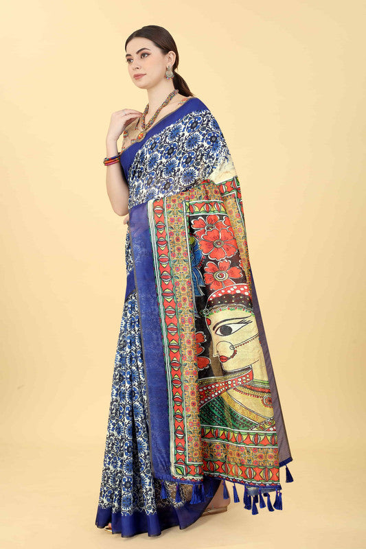 Blue Cotton Blend Printed Kalamkari Saree with Unstitched Blouse - Hiral Fashion - Distacart