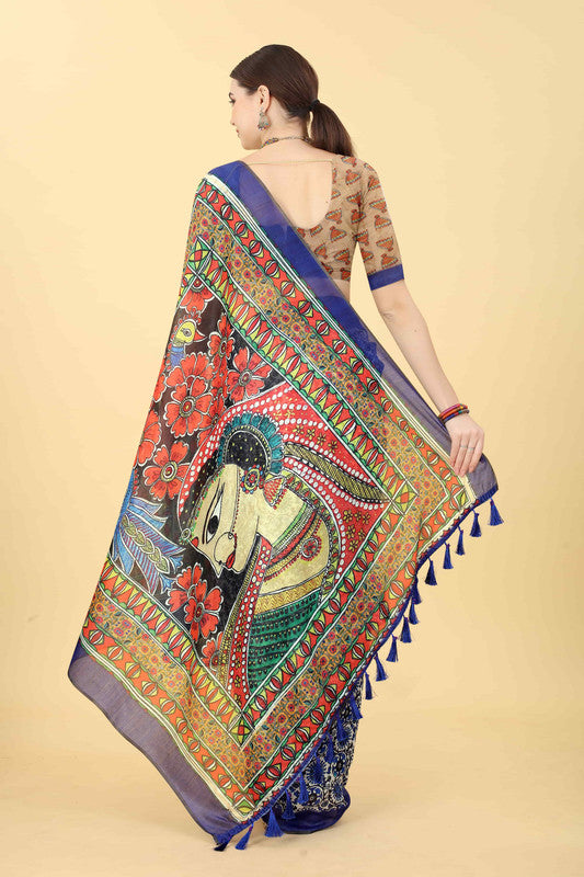 Blue Cotton Blend Printed Kalamkari Saree with Unstitched Blouse - Hiral Fashion - Distacart