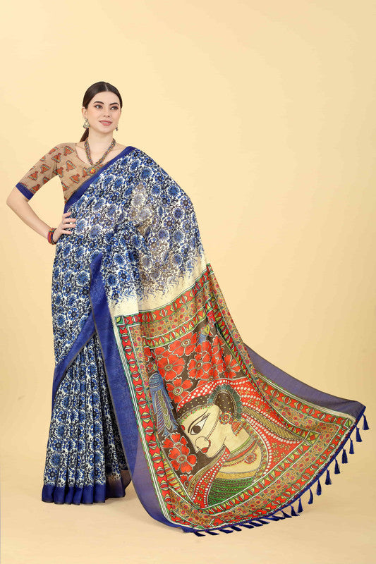 Blue Cotton Blend Printed Kalamkari Saree with Unstitched Blouse - Hiral Fashion - Distacart