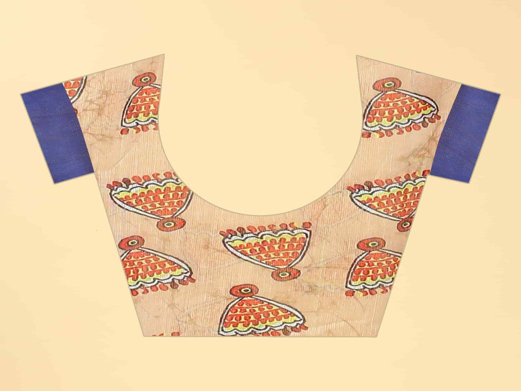 Blue Cotton Blend Printed Kalamkari Saree with Unstitched Blouse - Hiral Fashion - Distacart