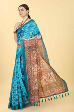 Thumbnail for Blue Cotton Blend Printed Kalamkari Saree with Unstitched Blouse - Hiral Fashion - Distacart