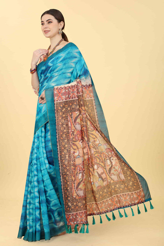 Blue Cotton Blend Printed Kalamkari Saree with Unstitched Blouse - Hiral Fashion - Distacart