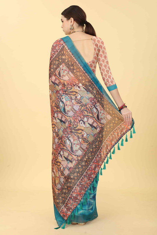 Blue Cotton Blend Printed Kalamkari Saree with Unstitched Blouse - Hiral Fashion - Distacart