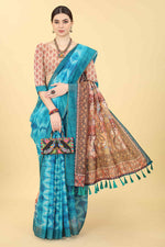 Thumbnail for Blue Cotton Blend Printed Kalamkari Saree with Unstitched Blouse - Hiral Fashion - Distacart
