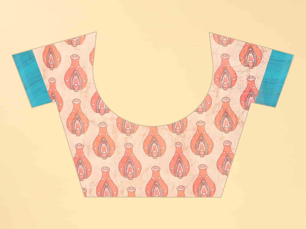 Blue Cotton Blend Printed Kalamkari Saree with Unstitched Blouse - Hiral Fashion - Distacart