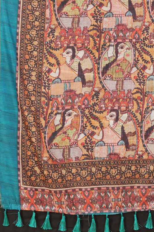 Blue Cotton Blend Printed Kalamkari Saree with Unstitched Blouse - Hiral Fashion - Distacart