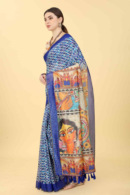 Blue Cotton Blend Printed Kalamkari Saree with Unstitched Blouse - Hiral Fashion - Distacart