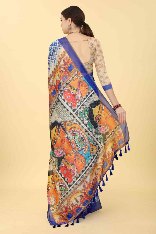 Blue Cotton Blend Printed Kalamkari Saree with Unstitched Blouse - Hiral Fashion - Distacart