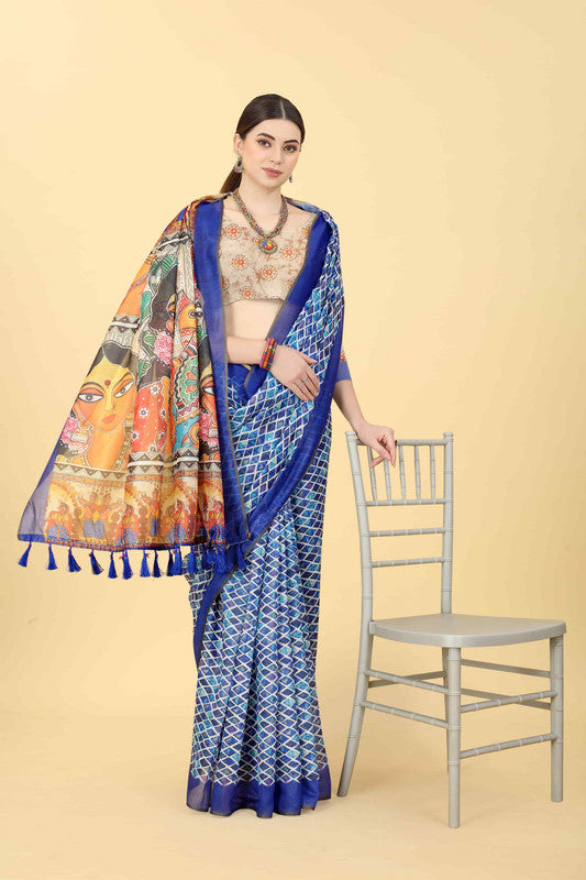 Blue Cotton Blend Printed Kalamkari Saree with Unstitched Blouse - Hiral Fashion - Distacart