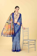 Thumbnail for Blue Cotton Blend Printed Kalamkari Saree with Unstitched Blouse - Hiral Fashion - Distacart