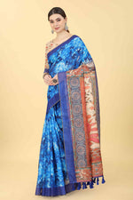 Thumbnail for Blue Cotton Blend Printed Kalamkari Saree with Unstitched Blouse - Hiral Fashion - Distacart