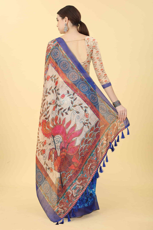 Blue Cotton Blend Printed Kalamkari Saree with Unstitched Blouse - Hiral Fashion - Distacart