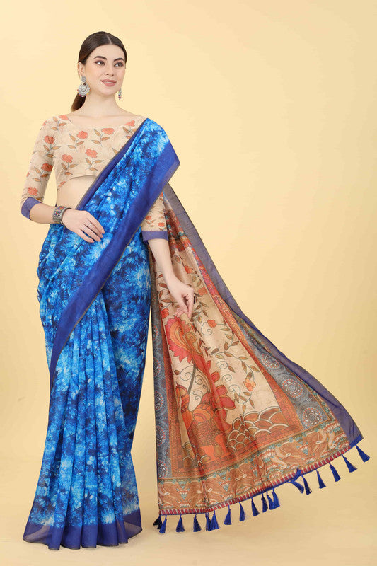 Blue Cotton Blend Printed Kalamkari Saree with Unstitched Blouse - Hiral Fashion - Distacart