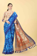 Thumbnail for Blue Cotton Blend Printed Kalamkari Saree with Unstitched Blouse - Hiral Fashion - Distacart