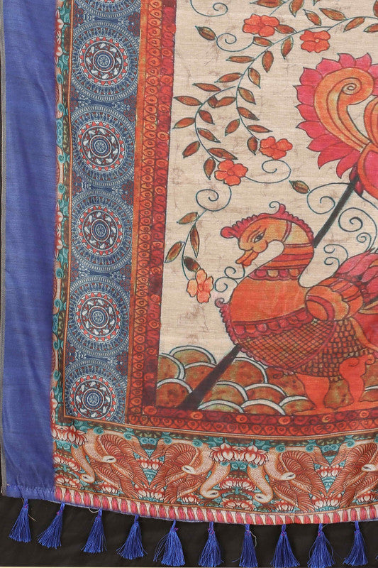 Blue Cotton Blend Printed Kalamkari Saree with Unstitched Blouse - Hiral Fashion - Distacart