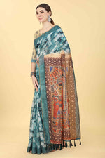 Thumbnail for Blue Cotton Blend Printed Kalamkari Saree with Unstitched Blouse - Hiral Fashion - Distacart