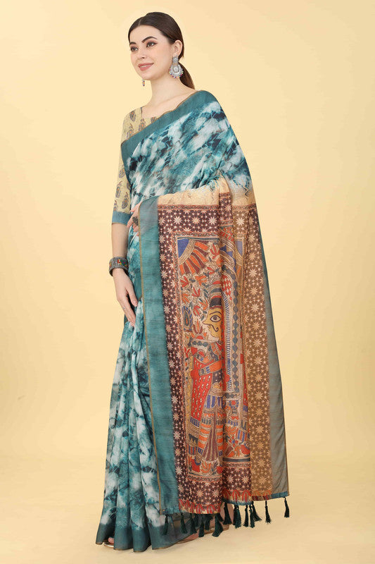 Blue Cotton Blend Printed Kalamkari Saree with Unstitched Blouse - Hiral Fashion - Distacart