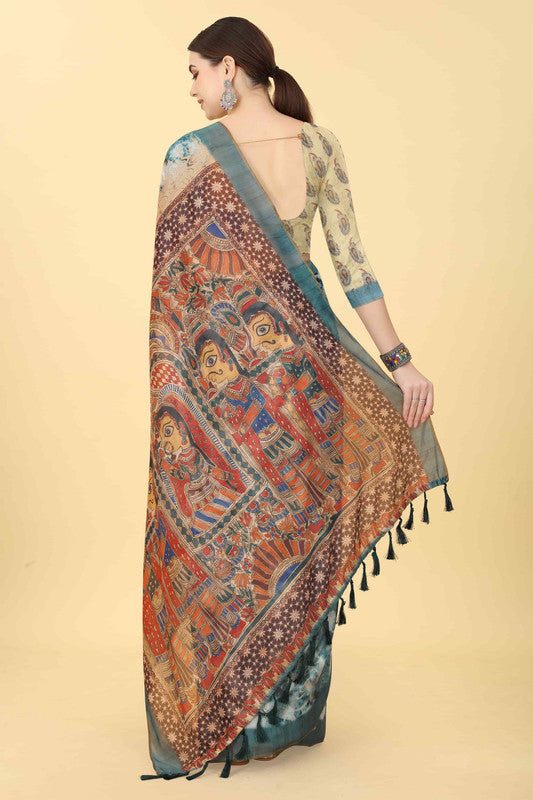 Blue Cotton Blend Printed Kalamkari Saree with Unstitched Blouse - Hiral Fashion - Distacart