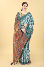 Thumbnail for Blue Cotton Blend Printed Kalamkari Saree with Unstitched Blouse - Hiral Fashion - Distacart