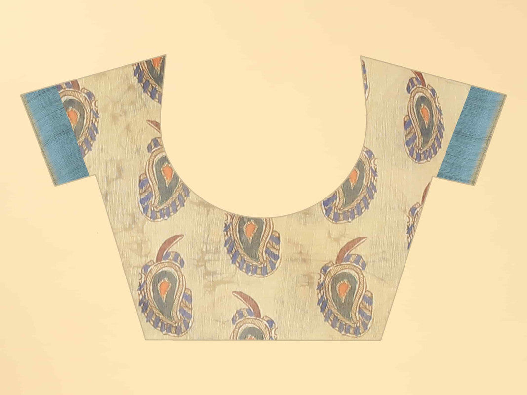 Blue Cotton Blend Printed Kalamkari Saree with Unstitched Blouse - Hiral Fashion - Distacart