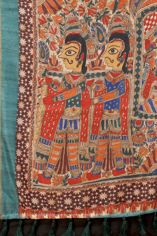 Blue Cotton Blend Printed Kalamkari Saree with Unstitched Blouse - Hiral Fashion - Distacart