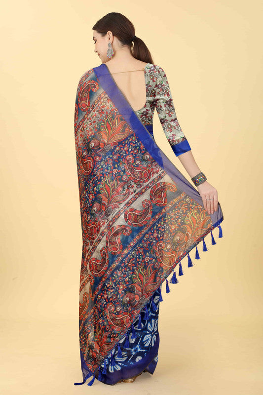 Blue Cotton Blend Printed Kalamkari Saree with Unstitched Blouse - Hiral Fashion - Distacart