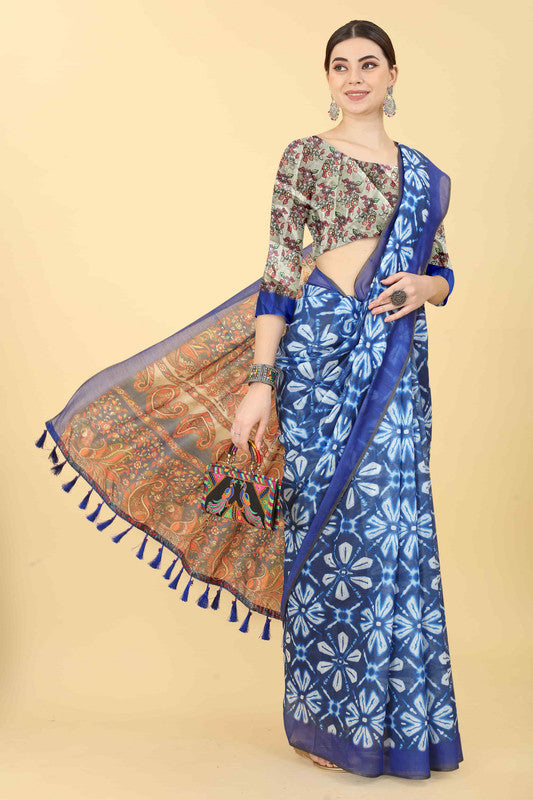 Blue Cotton Blend Printed Kalamkari Saree with Unstitched Blouse - Hiral Fashion - Distacart