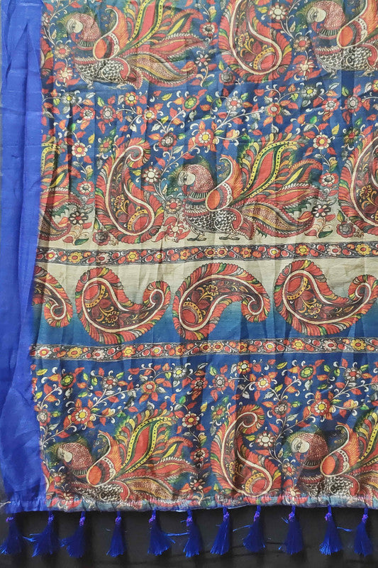 Blue Cotton Blend Printed Kalamkari Saree with Unstitched Blouse - Hiral Fashion - Distacart