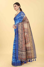 Thumbnail for Blue Cotton Blend Printed Kalamkari Saree with Unstitched Blouse - Hiral Fashion - Distacart