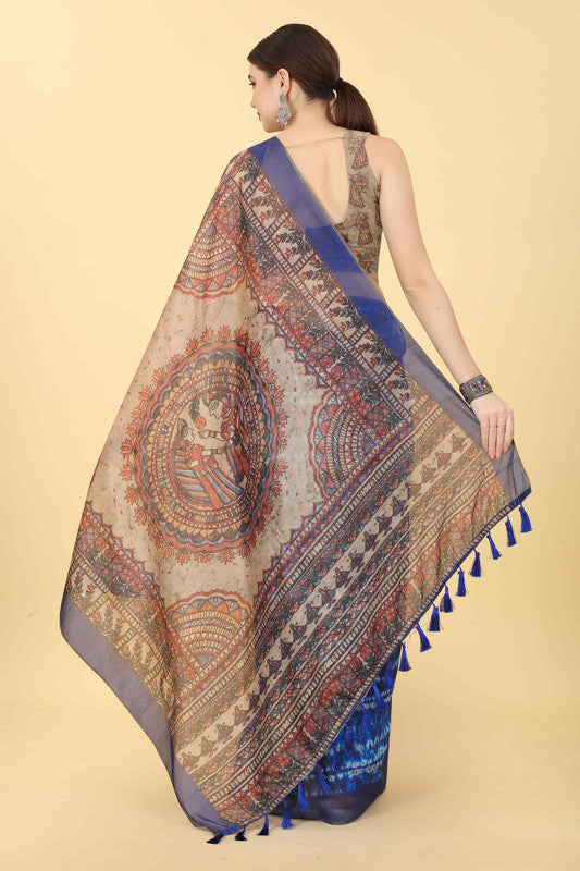 Blue Cotton Blend Printed Kalamkari Saree with Unstitched Blouse - Hiral Fashion - Distacart